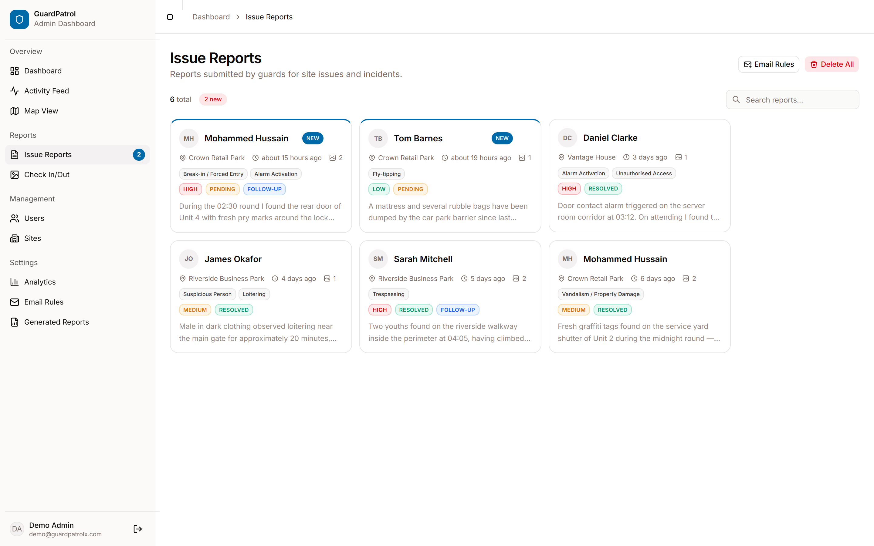 Issue reports screen with incident types, priorities, statuses and photo evidence submitted by guards