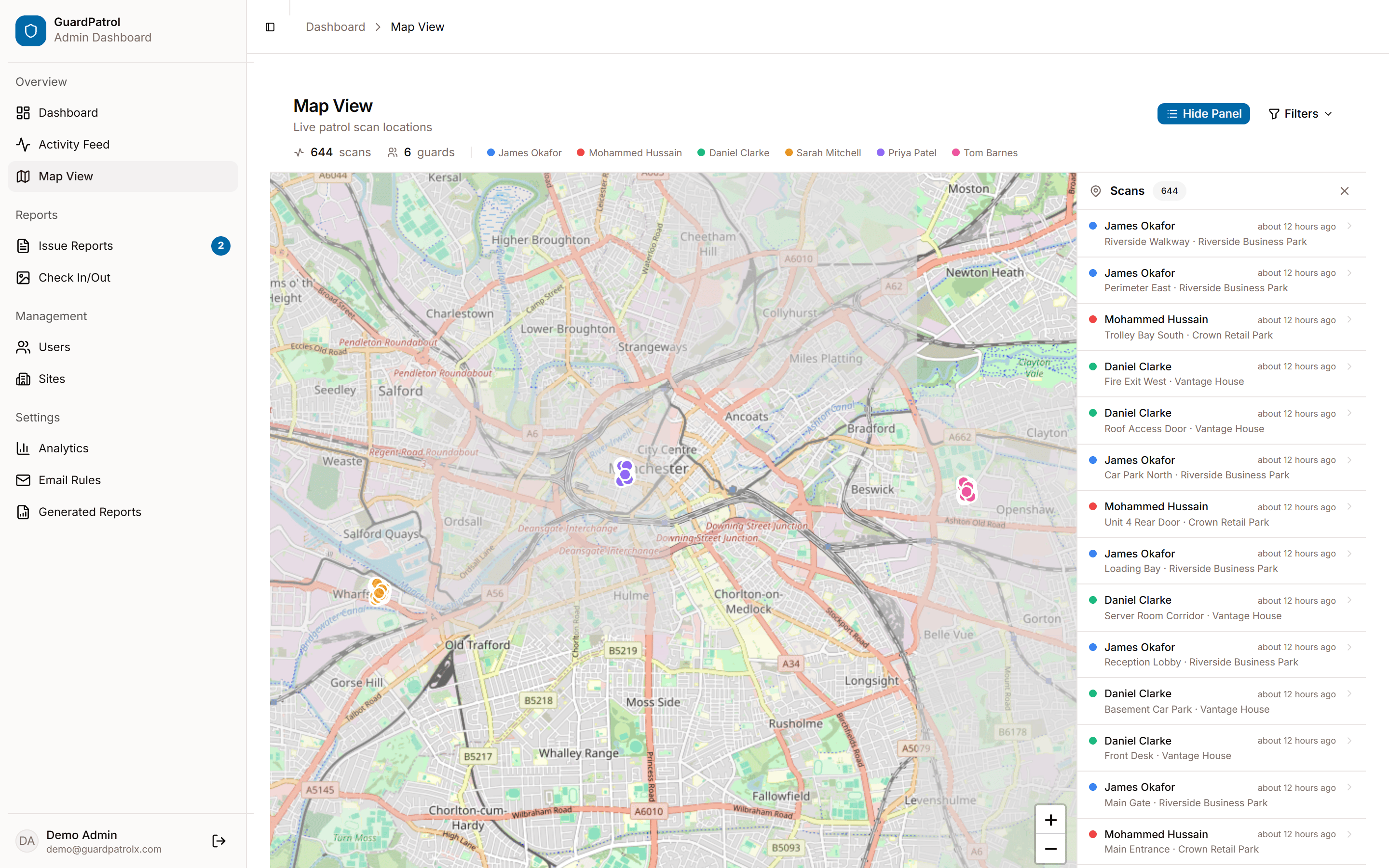 Live patrol map showing colour-coded guard scans across three Manchester sites with a searchable scan list